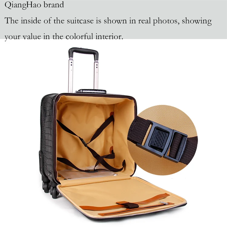 QiangHao, 16 дюймов, 20 дюймов, Спиннер, колесо, натуральная кожа, чемодан, крокодиловый тип, телячья кожа, багаж для багажа