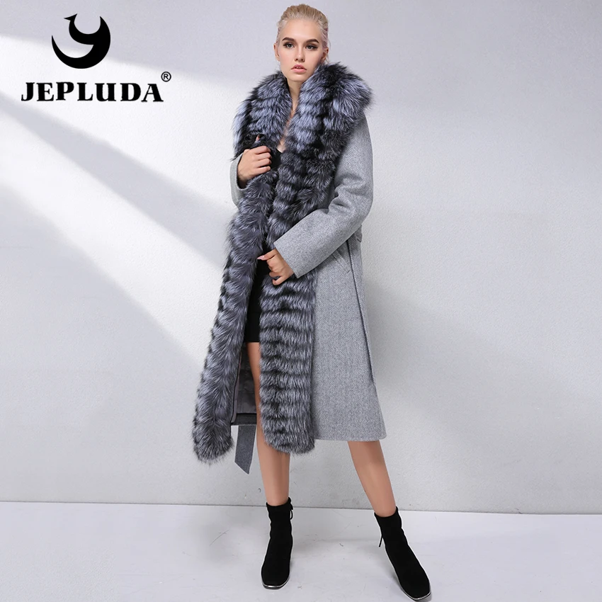 JEPLUDA Высокий Контент Кашемировое Пальто с Меховым Воротником Передняя