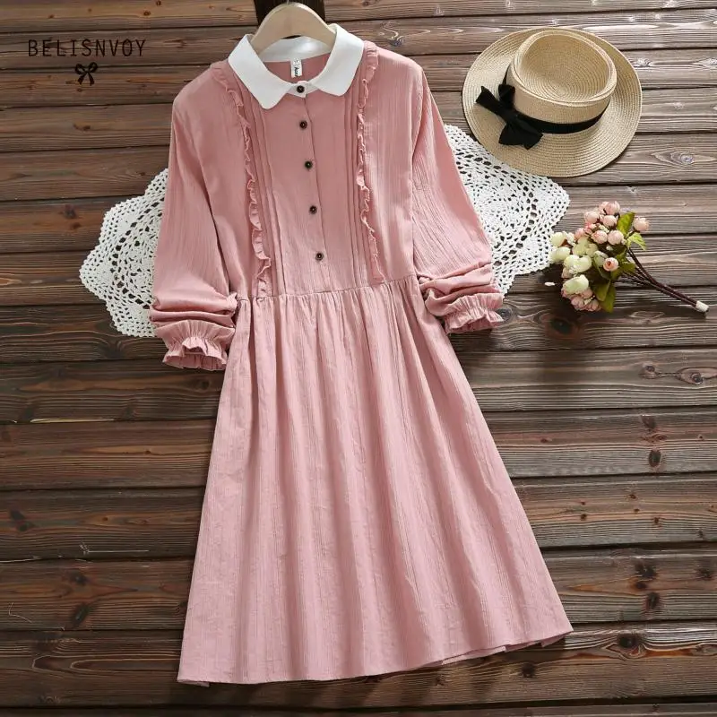 Billige Vestidos Verano 2019 Blau Rosa Japan Stil Mori Mädchen Süße Kleid Frauen Rüschen Langarm Baumwolle Leinen Vintage Kleider