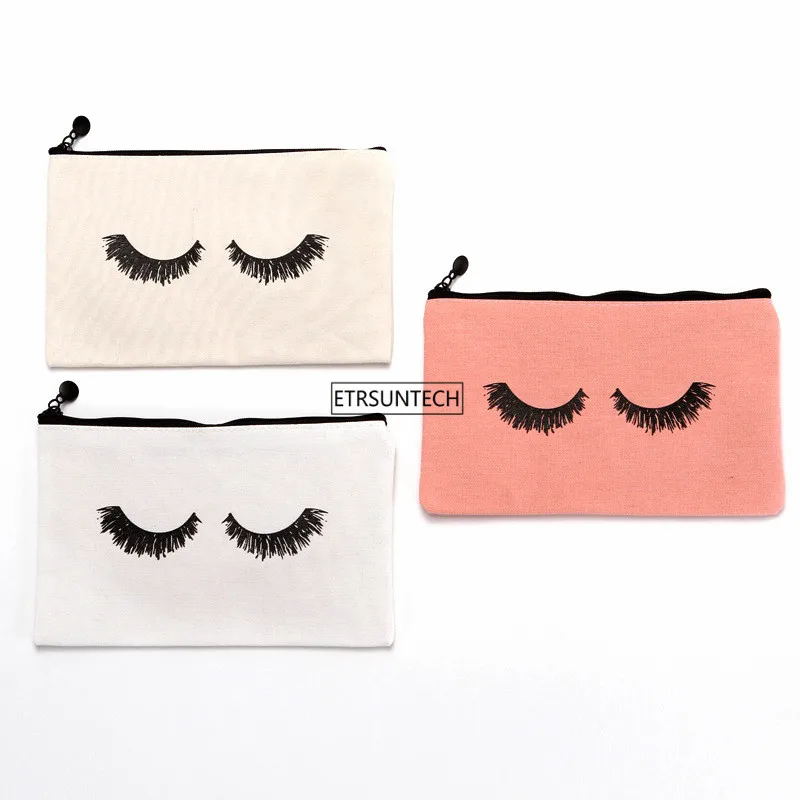 

100pcs/lot 23cmx14.5cm Large canvas Eye Lashes Printed Woman Drawstring Makeup Bag Zipper Clutch Bag Cosmetic Organizer