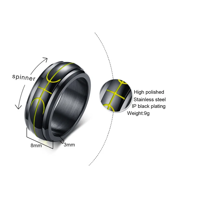 Vnox, спортивный Спиннер, баскетбольное кольцо для мужчин, 8 мм, нержавеющая сталь, вращающийся ремешок, повседневные мужские кольца для мальчиков, Anel Bijoux