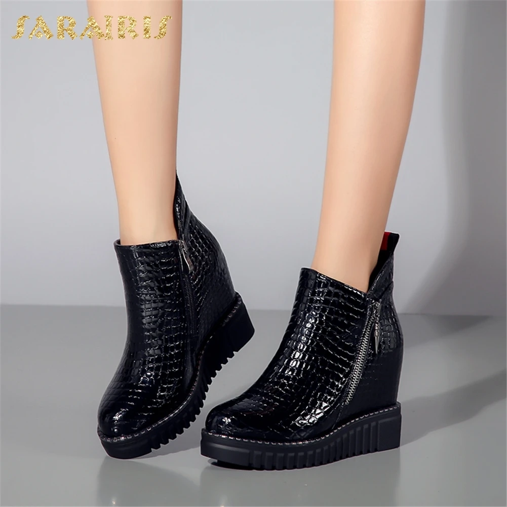 

SARAIRIS 2018 Cow Leather Large Size 32-40 Zip Up Platform Vulcanize Shoes Woman Increasing High Heels Woman Shoes