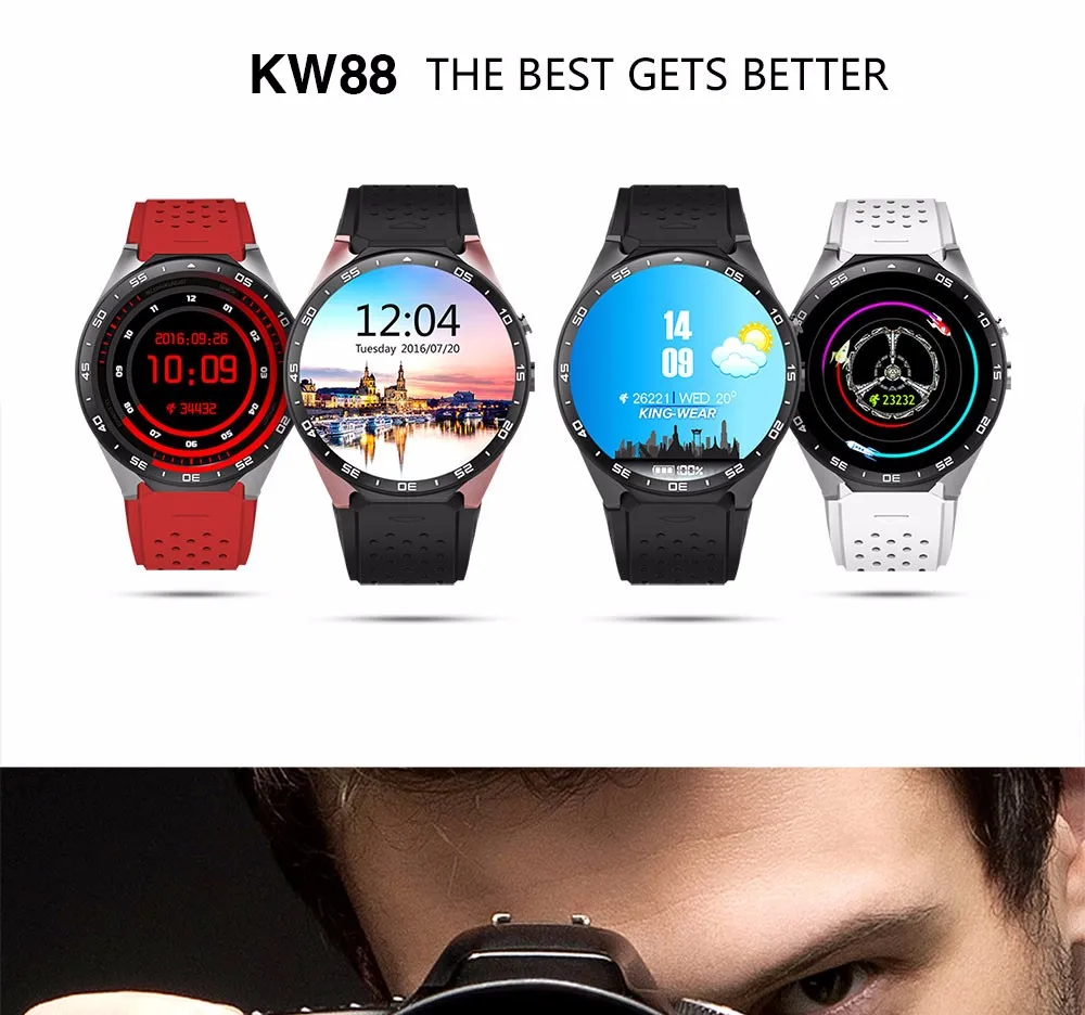 KW88 Смарт-часы 1,39 дюймов MTK6580 четырехъядерный 1. 3g HZ Android 5,1 3g Smartwatch 400 mAh 2,0 мегапиксельный монитор сердечного ритма трекер