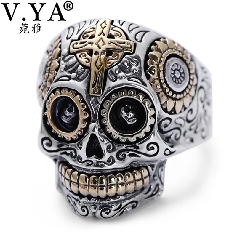 

V.YA Flower & Cross 925 Sterling Silver Rings for Men Male Women Vintage Thai Silver Ring Skull Jewelry Wholesale