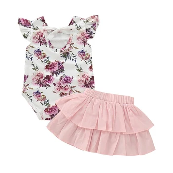 

Baby's Set Girl Flare Sleeve Floral Print Rompers Tops+Mini Tutu Skirt Casual Cotton Outfits Set 2Pcs Summer Suit