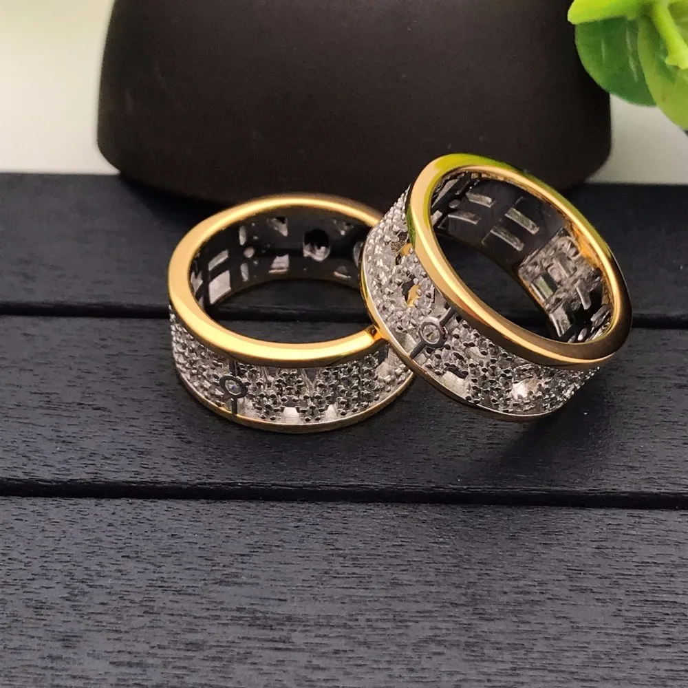 

925 Sterling Silver Round Gold Initial Letter Ring Hollow FREE WILD ROCK Rings for Women Cubic Zircon Brand Monaco Jewelry