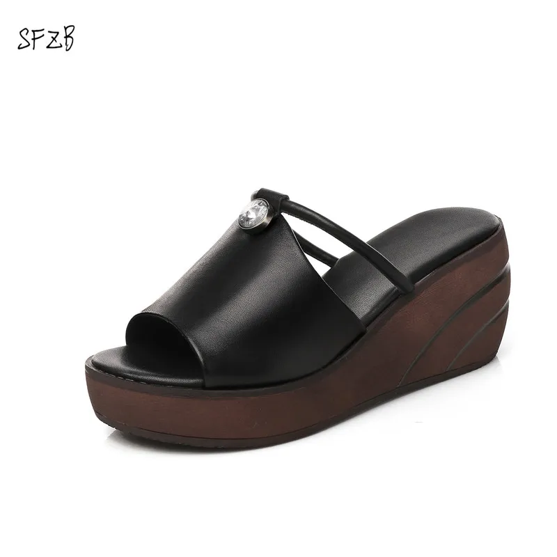 

SFZB Shoes woman genuine leather Summer 2018 Black White leather Outside slippers sandals 35-40 Free shipping