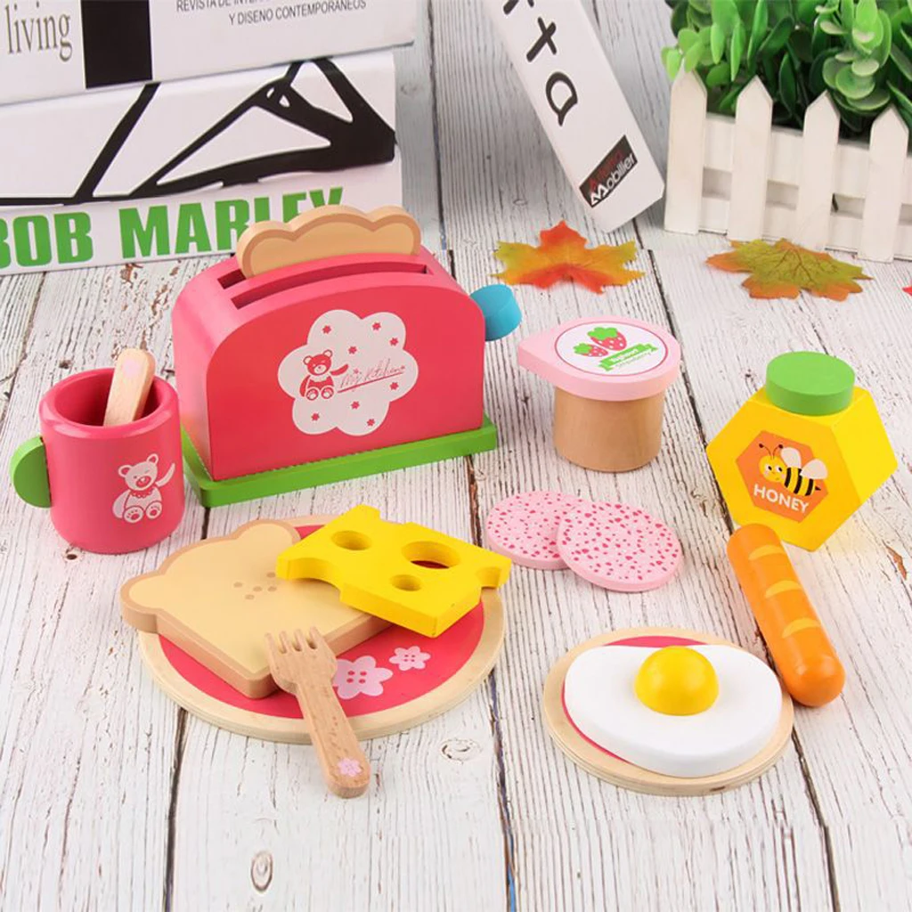 Wooden Delicious Breakfast Bread Fast Food Pretend Play Toy Set for Kids
