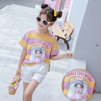 

3 4 5 6 7 8 9 10 12 14 Year Kids Clothes Summer Casual New Children Clothing Set Beauty stripe print Shirt Shorts Girls Suits