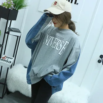 

2020 Spring New Arrival Fashionable Temperament Denim Stitching Woman Sweatshirt Long Sleeve Oversized Sweatshirt Free Shipping