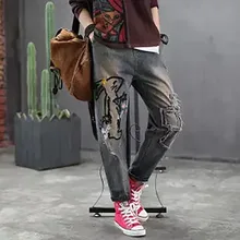 Spring Jeans Retro Women Loose-type Denim Pants Elastic Waist pocket Embroidery Character hole Casual Ladies Denim Trousers