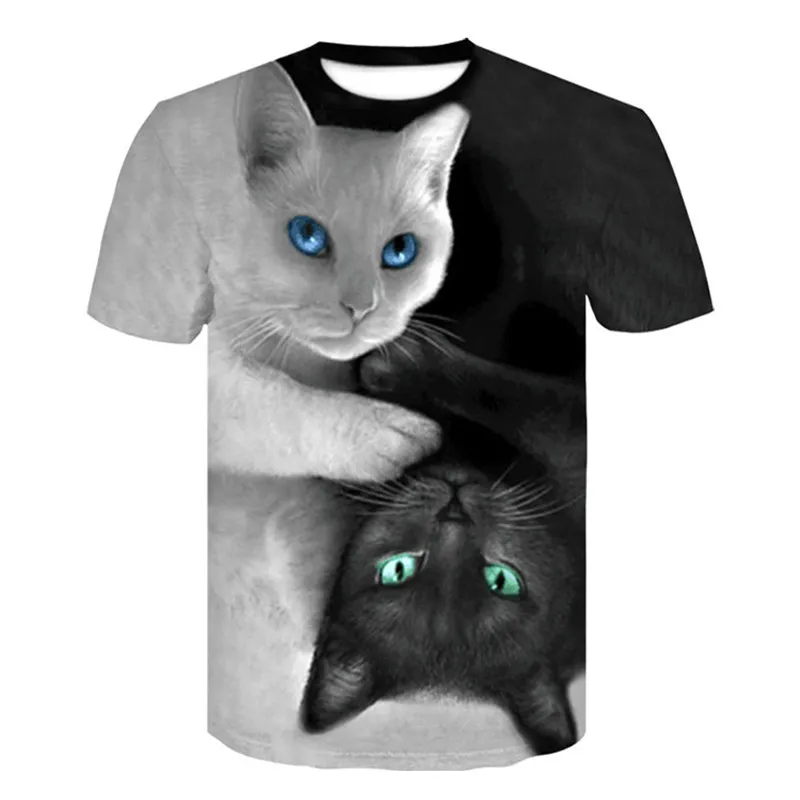 

2019 summer new men's European code t-shirt Cat animal cartoon animation pattern 3D digital printing hip hop round neck T-shirt