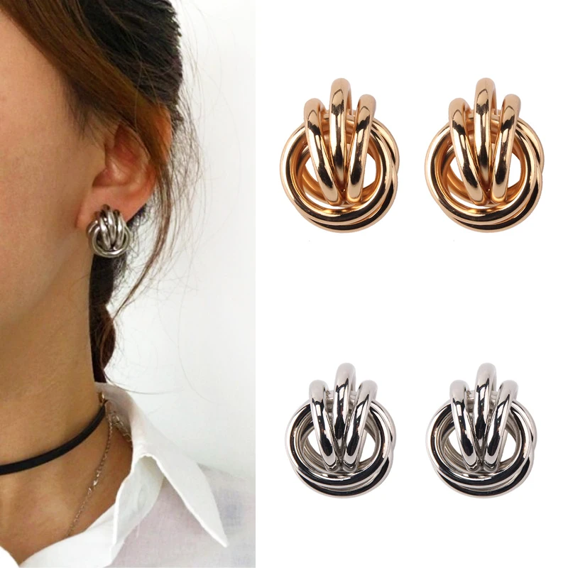 

Fashion Three Round Metal Rings Earrings for Women Charm Statement Stud Earrings Vintage Gold Party Birthday Gift Punk Style