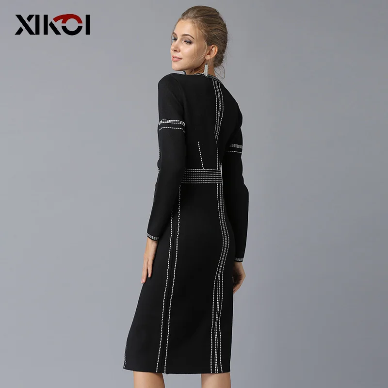 XIKOI Casual Women Knitting Dress Black MIDI O-Neck Fashion Hem Split Ladies Women's dresses Knee-Length 2018 XIKOI Casual Women Knitting Dress Black MIDI O-Neck Fashion Hem Split Ladies Women's dresses Knee-Length 2018