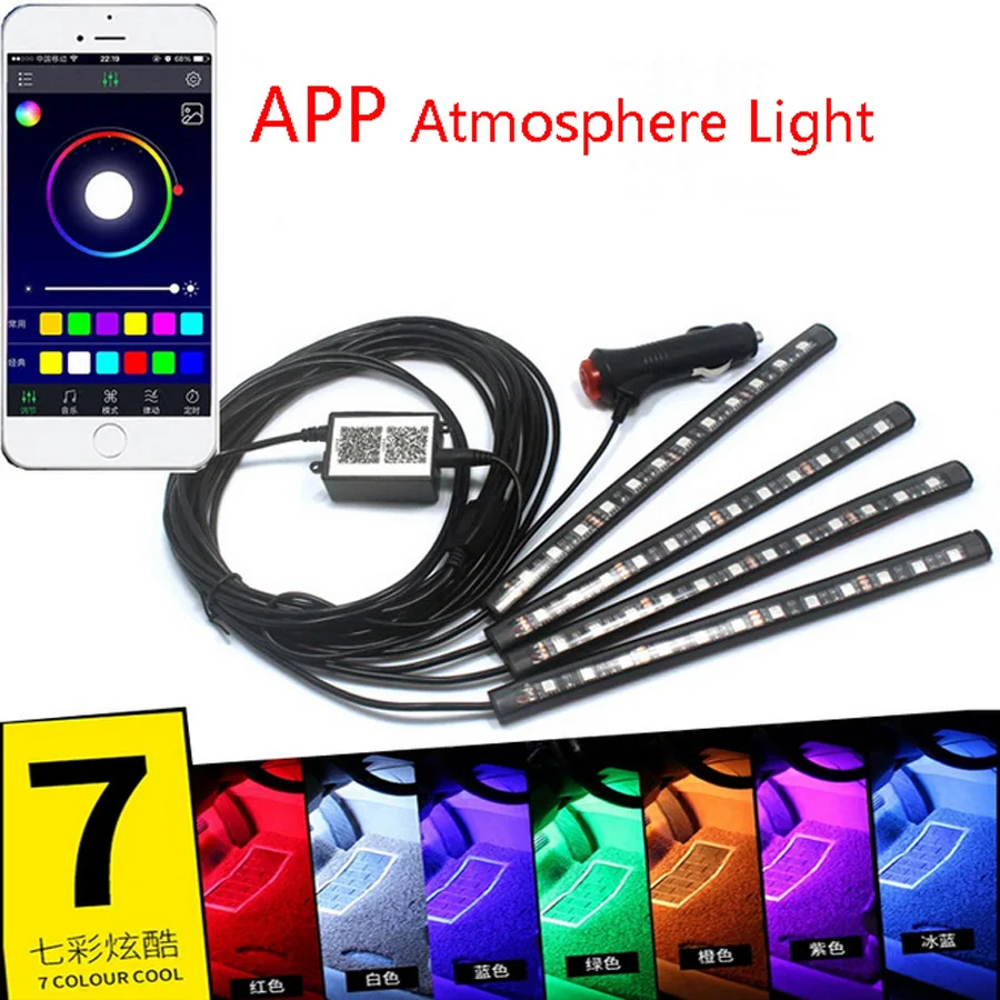 YCCPAUTO 12LED Bluetooth APP Автомобильная атмосферная лампа разноцветный интерьер