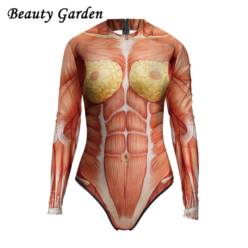 Beauty Garden Women Fashion Printing Jumpsuits Long Sleeve Muscle Pattern O-Neck Sexy Slim Bodysuits For | Женская одежда