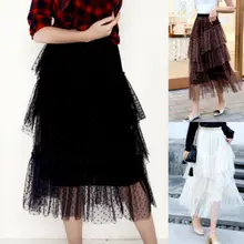 Женская высокая талия кружева сетки длинные юбки для дам плиссированные Многослойные кружевные юбки мода