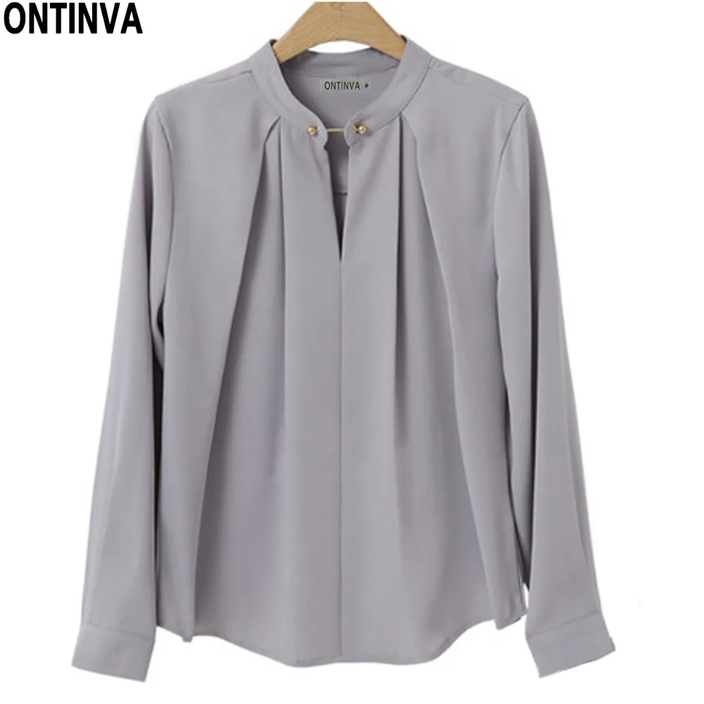 Plus Size 5XL Formal Gray Pleated Blusas Spring Women Casual Oversize