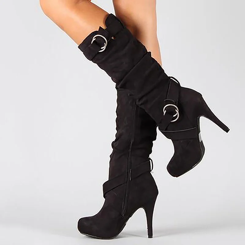

Women boots high heels big size 4-10.5 buckle zip fashion mid-calf boots increase round toe female boot 2018 botas mujer