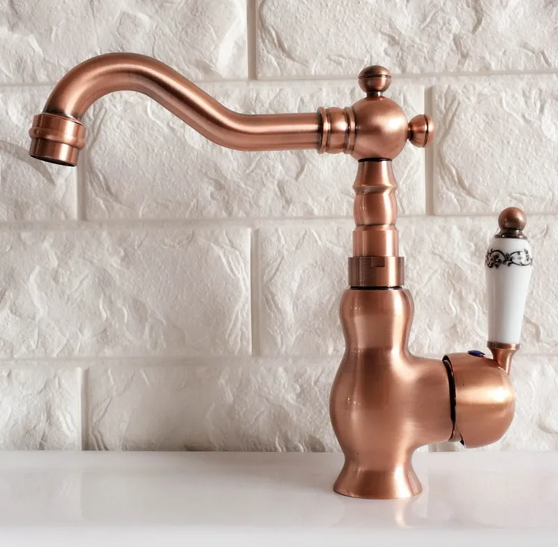 Swivel Spout Water Tap Antique Red Copper Single Handle Single Hole Kitchen Sink & Bathroom Faucet Basin Mixer Tap anf403