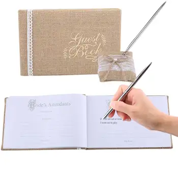 

Simple Guest Calligraphy Signature Guest Books Burlap Fabric With Lace Flowers for Birthday Party Reception Wedding Decoration
