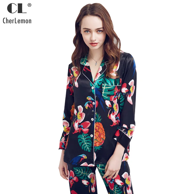 

CherLemon Spring Autumn Satin Sleepwear Women Floral Printed Pajamas Sexy Long Sleeve Button Down Cardigan Silky Pyjama Set