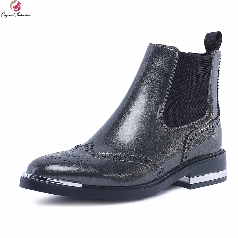 

Original Intention New Stylish Women Ankle Boots Real Leather Round Toe Square Heels Green Brown Gray Shoes Woman US Size 4-10