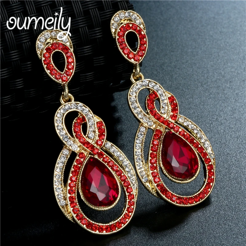 

OUMEILY Drop Earrings Women Wedding Long Green Red Blue Dangle Crystal Rhinestone Earrings Indian Ethnic Fashion Earring Jewelry