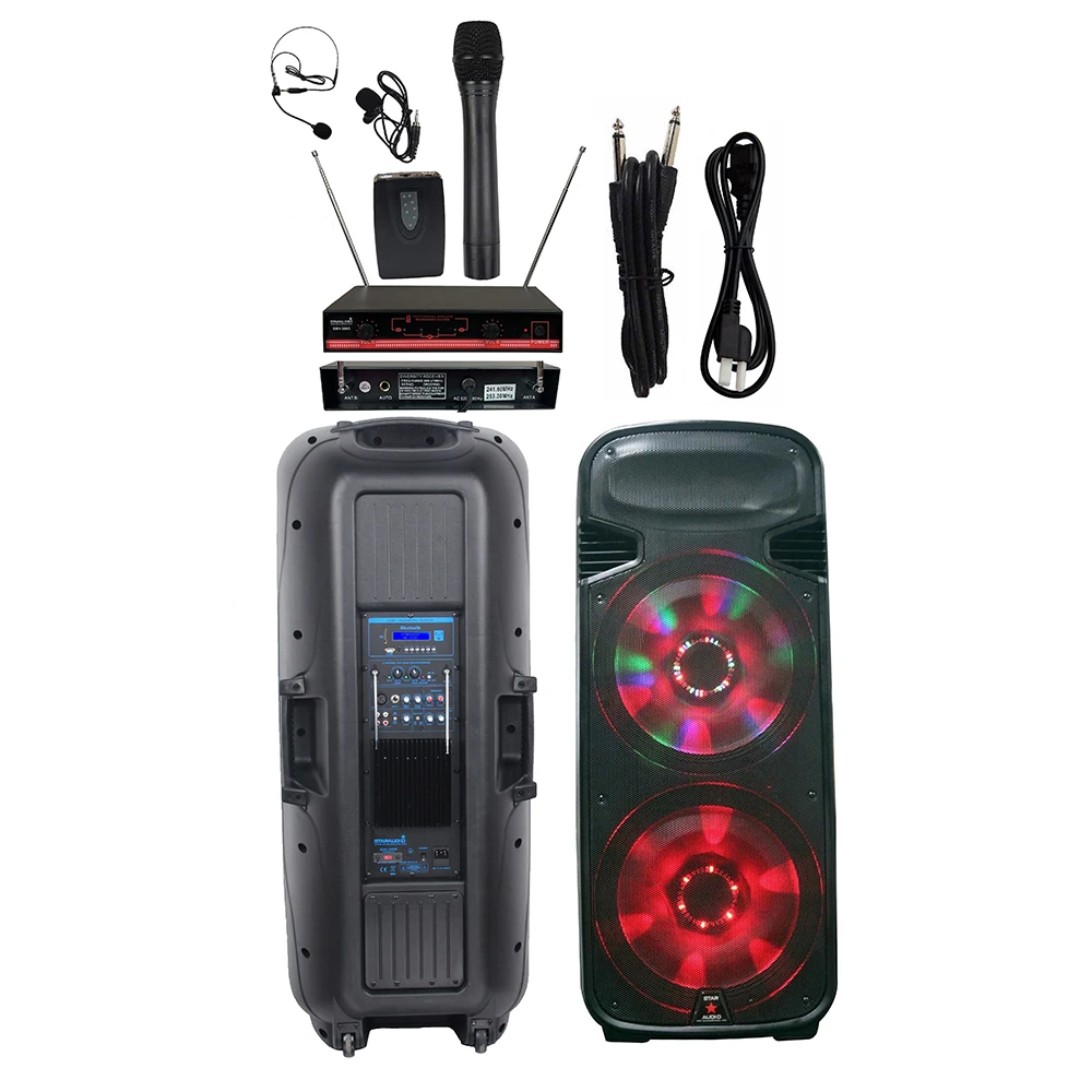 

STARAUDIO 4500W DJ Powered Dual 15 Inch RGB Light Speaker Stage Active Speaker 2CH VHF Wireless Handheld Headset Mic SDM-15RGB