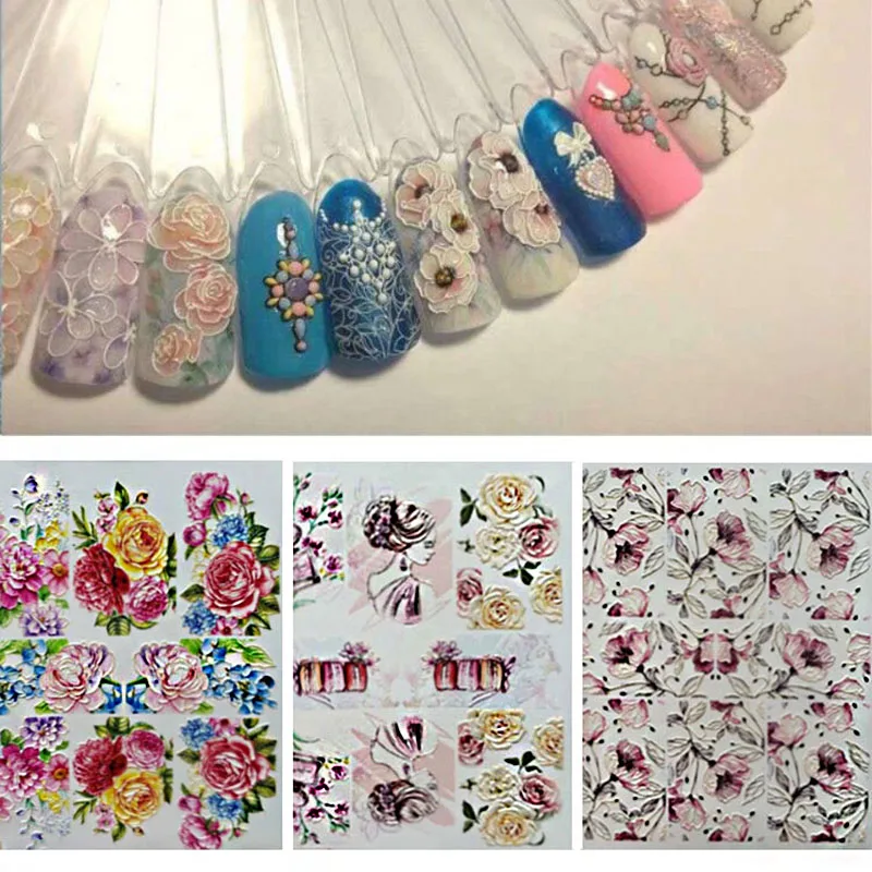 

1 Sheet Acrylic Engraved 3D DIY Flower Nail Sticker Embossed Flower Patterns Nail Water Slide Decals Nail Decorations