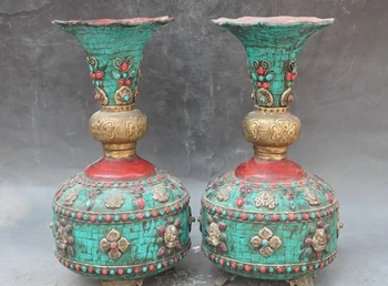 

old tibet bronze Inlay Turquoise Coral 8 treasure Buddha Zun Bottle Pot Vase Jar