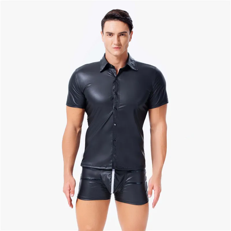 plus size men women sexy lingerie top tanks male latex underwear catsuit PU sexy men PVC shirt club wear