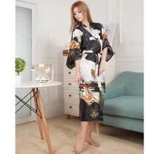 Новинка, Черное длинное женское кимоно с принтом, халат, винтажная набивная ночная рубашка, банный халат, атласная одежда для сна, ночнушка, один размер