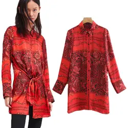 Женская блузка 2019 Новая мода осень весна шелк цветочный принт Повседневная рубашка с длинным рукавом пояса Сексуальная красная рубашка