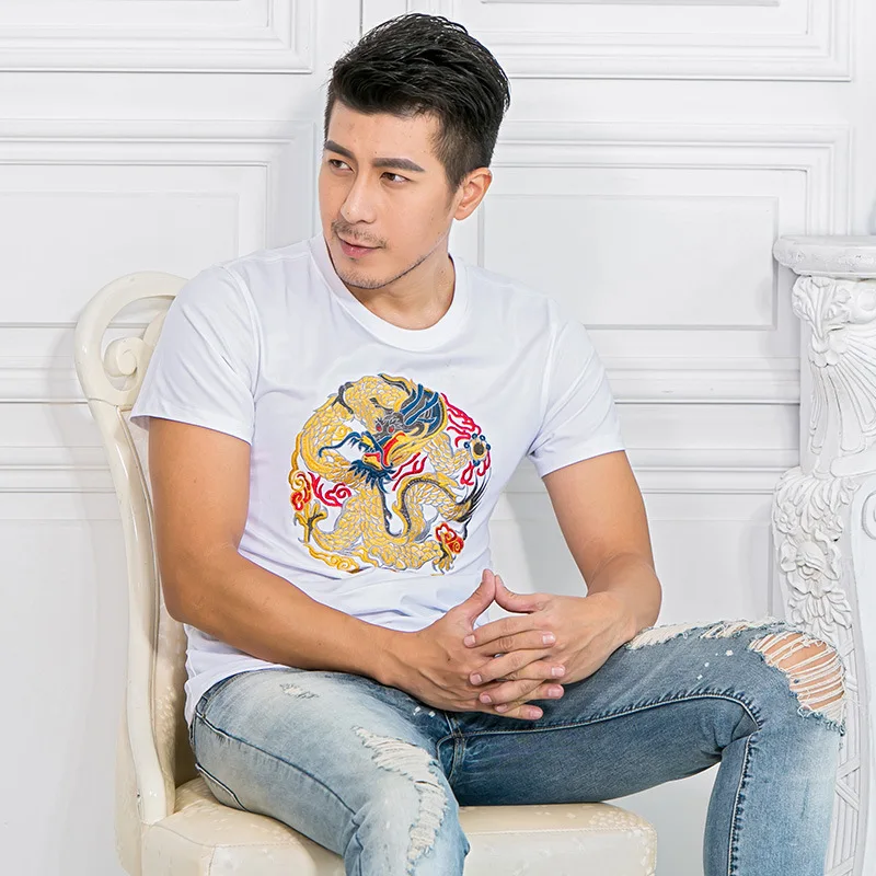 Дизайн хлопок вышивка дракон футболка Мужская модная летняя мужская одежда высокого качества
