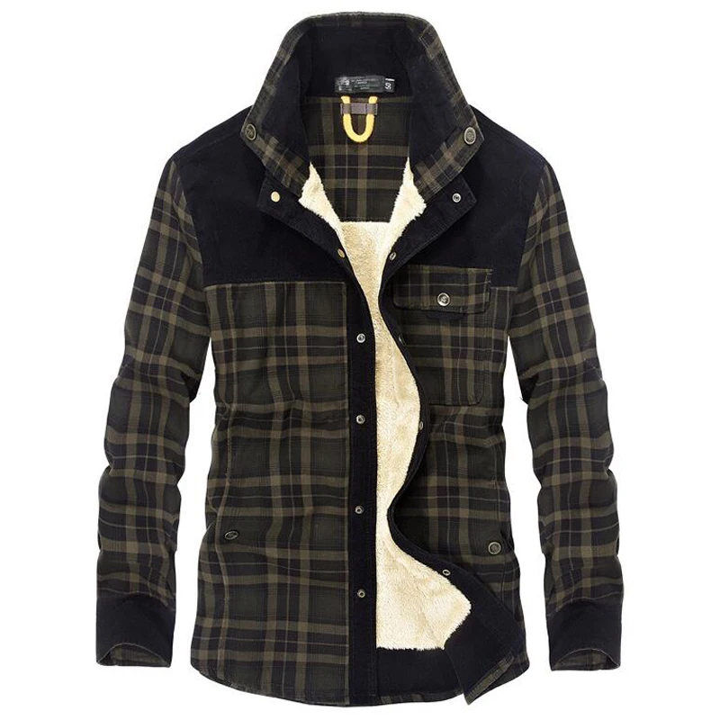 Cotton Liner Fleece Casual Shirt Men Winter Thick Wool Turn Down Plaid Shirts Coat Men's Long Sleeve Shirt Military Jackets
