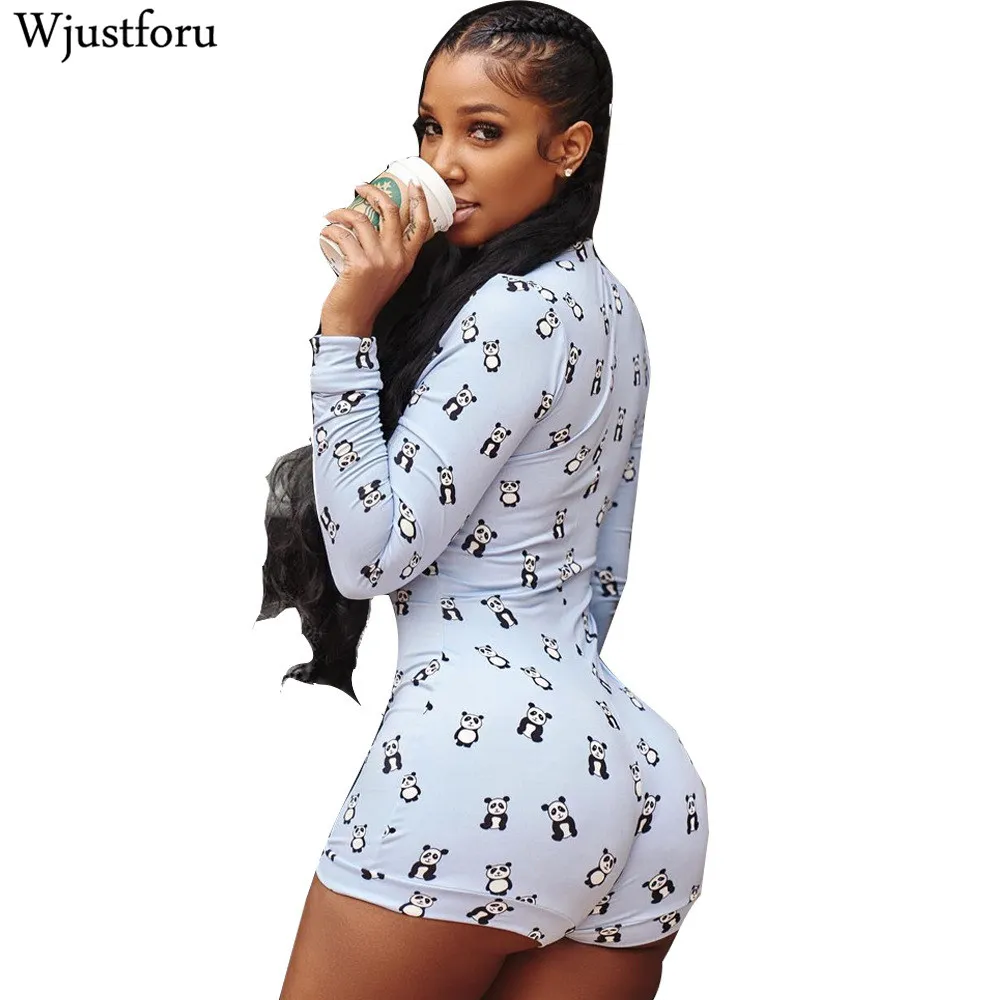Wjustforu Printed Cute Casual Bodycon Jumpsuit Long Sleeve V Neck Elegant Bodysuit Womens Romper 
