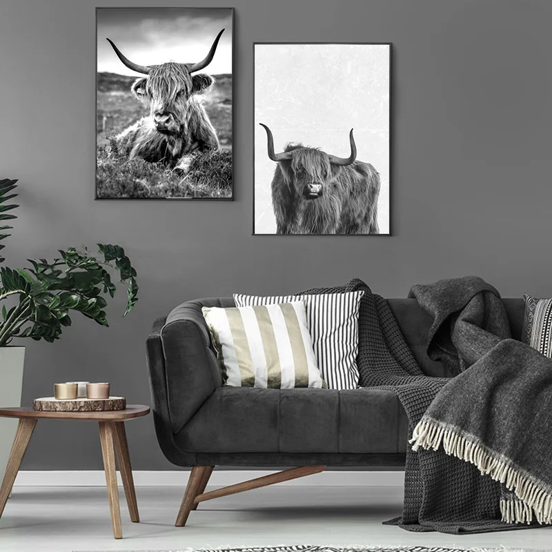 

Minimalist Farm Animal Canvas Painting Highland Cow Wall Art Highland Bull Posters and Snow Prints Pictures for Girls Room Decor