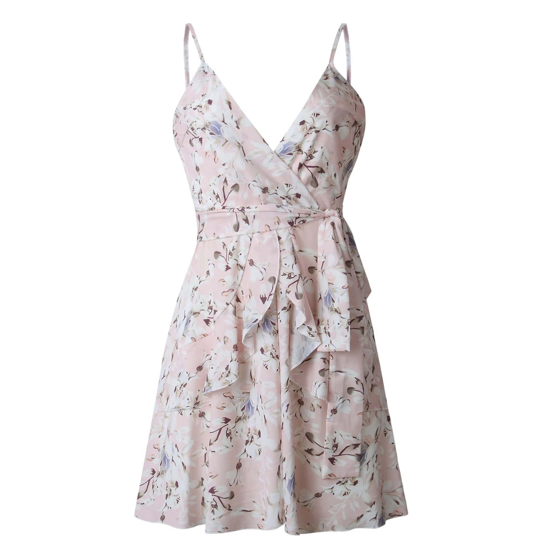 

Wontive Dropship Spring Summer Hot Sales Models Multi-color Printing Pleated Sexy Straps Deep V-neck Short Dress Princess Dress