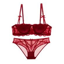 2017 New Fashion lace cup red underwear luxury comfortable sexy padded bra panties set plus size cup ABCD plus size women bra