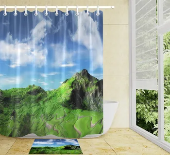 

Blue Sky High Mountain White Clouds Shower Curtain Fabric Polyester Fabric Bathroom Curtain Set With Mat&Hooks Customized Print