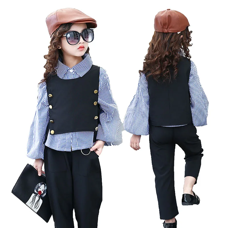 

Girls clothing sets girl fashion suit teenage girls clothes school children clothes striped shirt vest kids clothes tracksuit