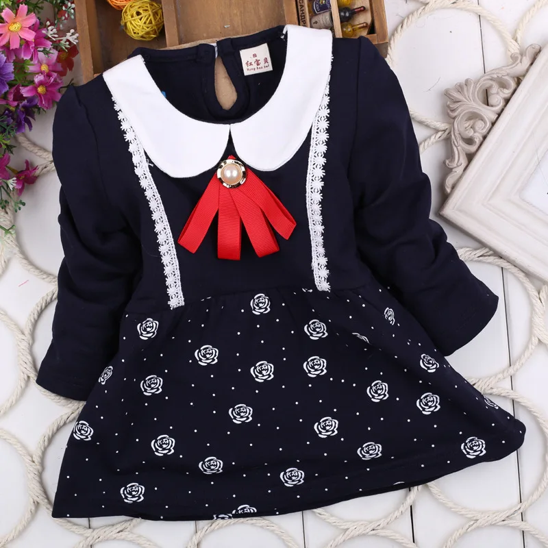 Новое весеннее платье в Корейском стиле с длинными рукавами для маленьких девочек, 1 шт./партия, хлопковое платье с цветочным узором для девочек 7-24 месяцев