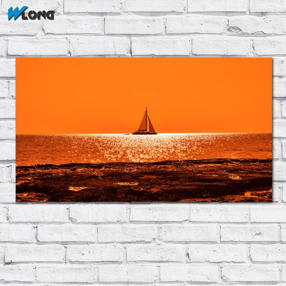 Печать маслом лодка Закат Сумерки морской горизонт оранжевый художественный холст печать картины для гостиной и спальни без рамок