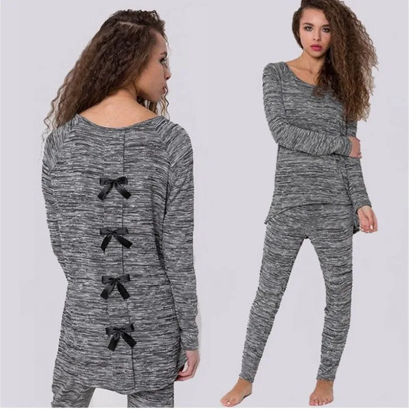 2017 Fashion Womens Back Bow Pyjamas Pjs Set Simple Solid