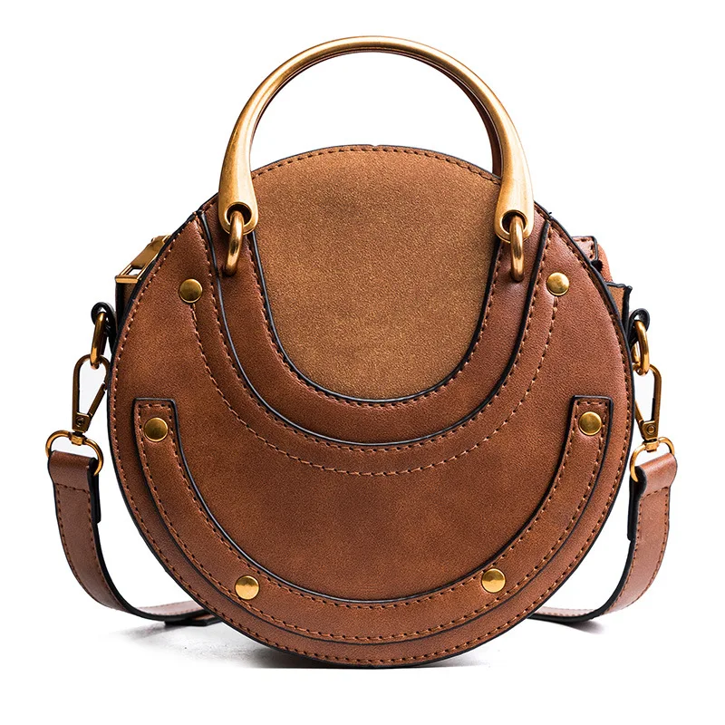 

Small Circular Bag Lady Handbag Metal Handle Rivet Round Shoulder Crossbody Luxury Clutch Vintage Famous Brand Female Pu Leather