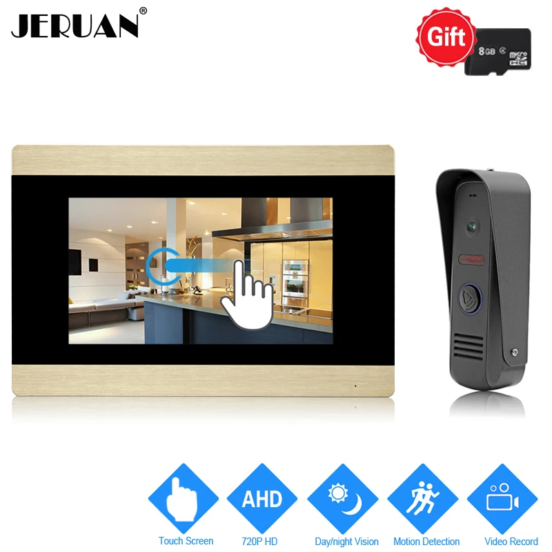 

JERUAN 720P Motion Detection 7 inch Touch Screen Color Video Door Phone Intercom System Record Monitor +Waterproof Mini Camera