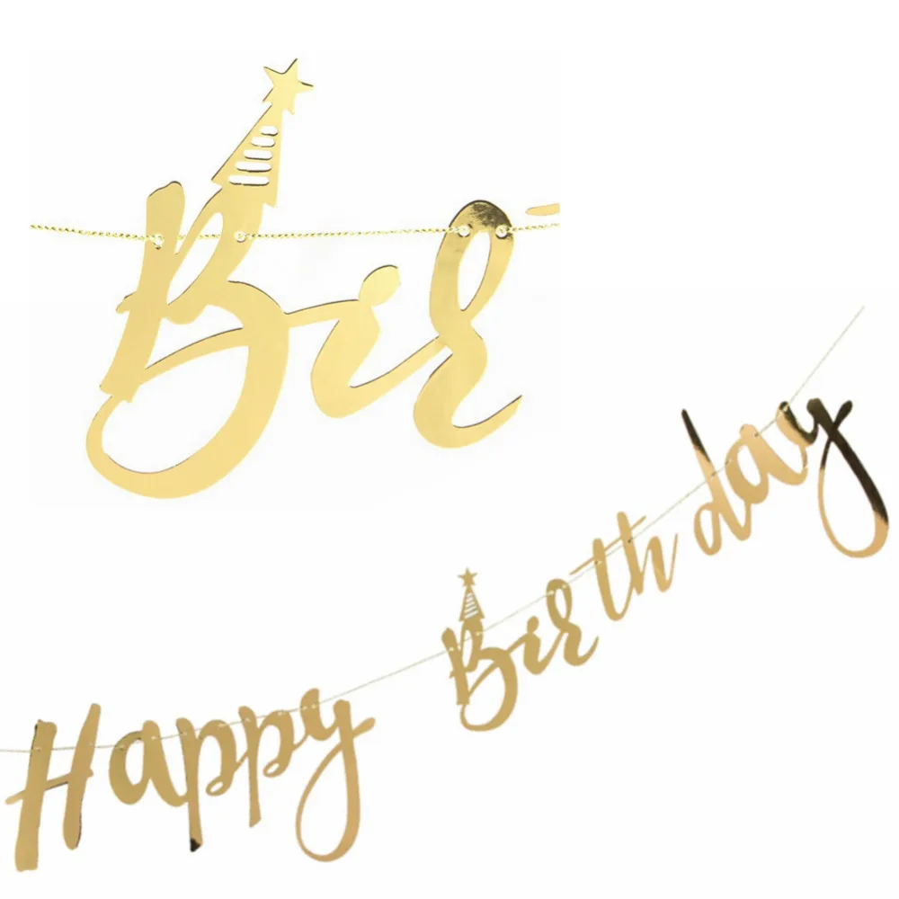 

Gold Mirror Face Cursive Happy Birthday Banner with Birthday Star Hat 1st Birthday Glitter Party Photo Backdrop