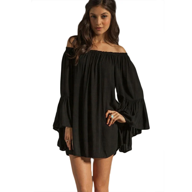 

Thin Chiffon Dress 2019 Fashion summer new arrival slash neck full sleeve solid plus size loose pleated mini women dresses 4306