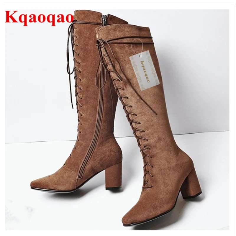 

High Heel Women Winter Boots Front Lace Up Cross-tied Shoes Brand Super Star Runway Shoe Long Booties Side Zip Chaussures Femmes
